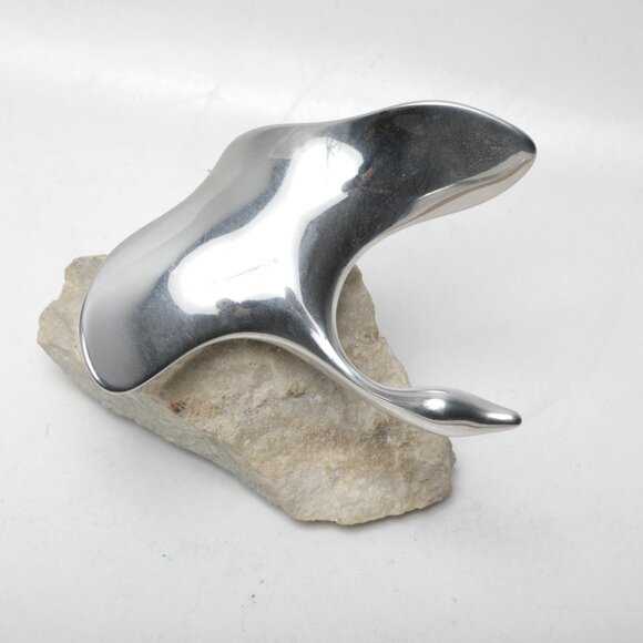 Vintage Hoselton Polished Aluminum Flying Goose Bird Sculpture Signed Art Stone - Picture 9 of 11